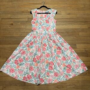 VTG Joni Blair Floral Pink Green Sleeveless Midi Dress Cottagecore Women’s Small
